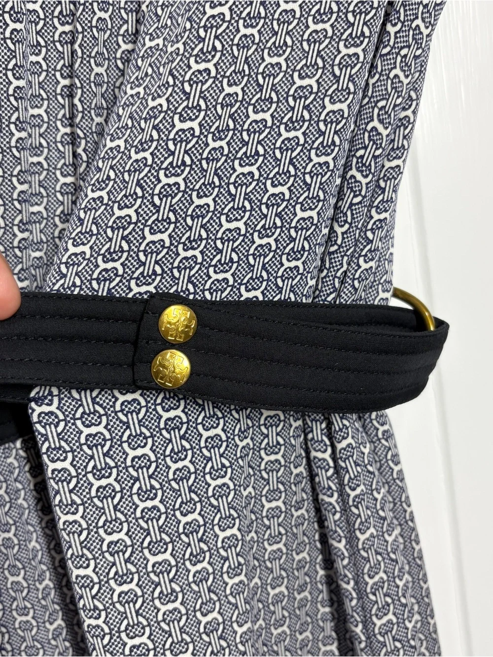 Tory Burch Rampling Silk Gemini Link Belted Midi Dress Size 6 Blue Black